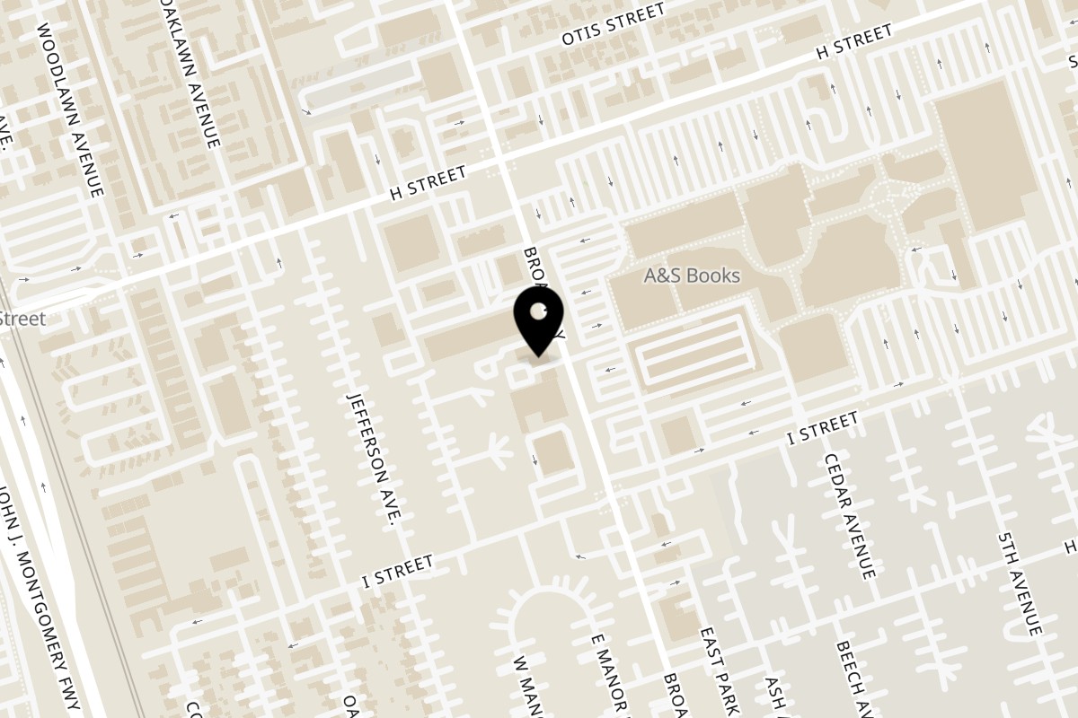 Map showing the location of Pizzeria El Jefe on 560 Broadway in Chula Vista